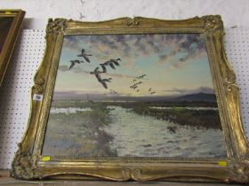 AFTER PETER SCOTT, indistinctly signed oil on canvas possibly, Hugh Monahan, "Wild Fowl at Sunset"