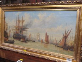 AFTER WYLLIE, oil on canvas "Busy Harbour scene with sailing vessels" 27cm x 57cms