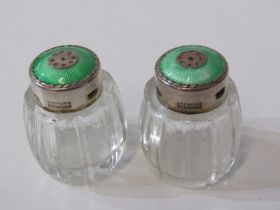 SILVER & ENAMEL PEPPERETTES, pair of Danish pepperettes with green enamel tops and silver banding,