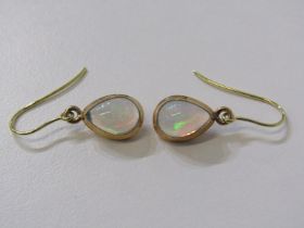 OPAL DROP EARRINGS, pair of 9ct yellow gold and wire drop earrings, set 2 large pear shaped opals