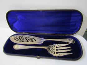VICTORIAN EXETER SILVER FISH SERVERS, cased pair of 19th Century pierced bladed fish servers, Exeter