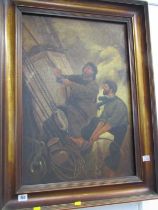 MARITIME SCHOOL, oil on canvas, "Ship deckhands hauling the rigging in a heavy sea", 65cm x 46cm