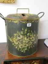 TOLE WARE, floral painted twin handled coal bucket, 39cm height