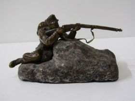 MILITARY BRONZE, a stone base bronze of sniper, 15cm length