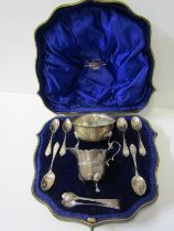 LATE VICTORIAN CASED CRUET, with cream jug and sugar bowl on hoofed feet, together with 6 spoons and