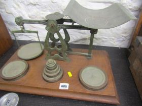 VICTORIAN PATENT POSTAL SCALES, large oak based parcel & letter scales, 48cm width