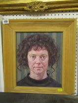 LOUISE COURTNELL, signed oil on canvas "Self Portrait with Stripes", dated 2000, 29cm x 24cm