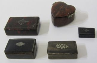 ANTIQUE SNUFF BOXES, collection of 5 assorted snuff boxes including horn and heart shaped box