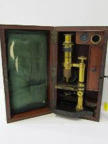 VICTORIAN MICROSCOPE, original mahogany cased lacquered brass table top microscope, 24cm height