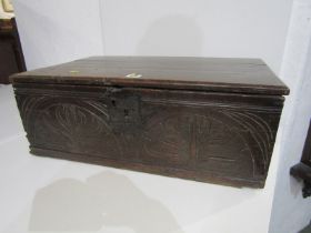 EARLY OAK BIBLE BOX, carved twin lunette front with early metalwork, 60cm width