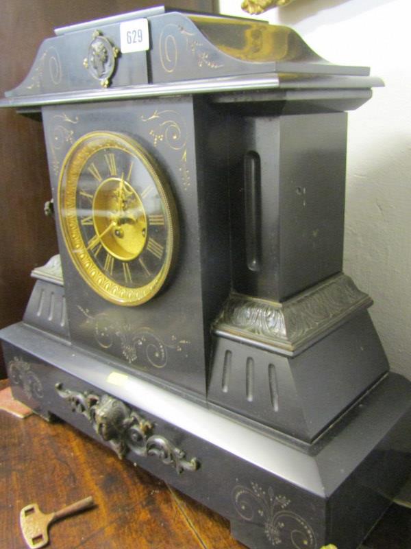 VICTORIAN BLACK MARBLE MANTEL CLOCK, open brocot escapement (one mask detail missing) 44cm height - Image 7 of 9
