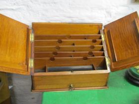 EDWARDIAN STATIONARY RACK, oak slope cased stationary rack with drawer base, 38cm width