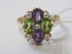 SUFFRAGETTE STYLE CLUSTER RING, 9ct yellow gold ring, nicely set with amethyst, citrine and pearl,