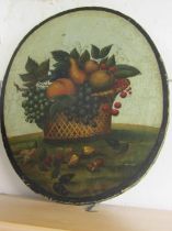 ANTIQUE CONTINENTAL SCHOOL, oval painted pole screen panel "Still Life with basket of fruit", 47cm x