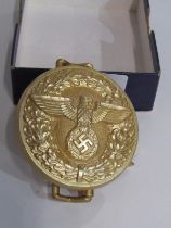NAZI POLITICAL CLASP BELT BUCKLE, gilt buckle 5.5cm diameter with original retail label attached