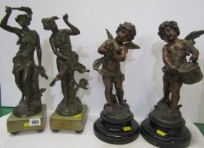 PAIR OF FRENCH BRONZED MIXED BASED FIGURES, after Ferrand "Coup De Soleil", 37cm height; also