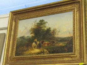 19th CENTURY ENGLISH SCHOOL, "Cattle being herded on the market road", 29cm x 44cm