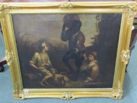 18th CENTURY EUROPEAN SCHOOL, oil on canvas "Group of Three Boys in a Landscape", 65cm x 76cm