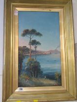 NEAPOLITAN SCHOOL, oil on canvas "Coastal view with Vesuvius in the distance", 48cm x 27cm