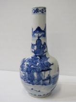 ORIENTAL CERAMICS, underglaze blue flask vase decorated with riverscape dwellings in mountainous