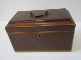 GEORGIAN TEA CADDY, mahogany rectangular cased triple section tea caddy with fruit wood