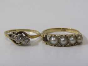 2 x 18ct GOLD RINGS, 1 pearl ring, set 4 of 5 pearls, other illusion diamond ring, set 2 of 3