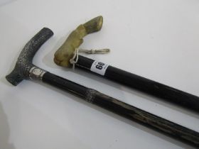 WALKING CANES, Victorian ornate silver handled walking cane together with carved horses hoof