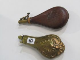 19TH CENTURY POWDER FLASK, 19th century copper powder flask with foliate decoration, 19cm length,