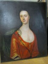 EARLY 18th CENTURY ENGLISH SCHOOL, oil on canvas "Portrait of Lady in red bodice", indistinctly on