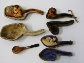 MEERSCHAUM PIPES, collection of 4 pipes including bird's head, lady harpist with amber fitting and