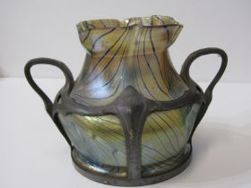 ART NOUVEAU LOETZ STYLE VASE, iridescent glass vase set in pewter mount (base crack), 18cm height