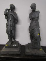 ANTIQUE METAL SCULPTURES, 2 replica cast metal sculptures "Venus de Milo", 53cm height & 1 similar
