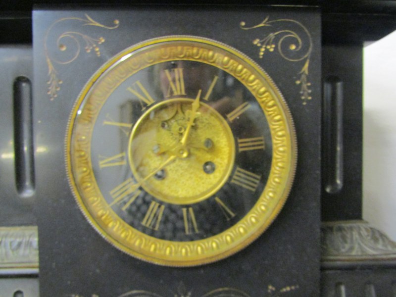 VICTORIAN BLACK MARBLE MANTEL CLOCK, open brocot escapement (one mask detail missing) 44cm height - Image 3 of 9