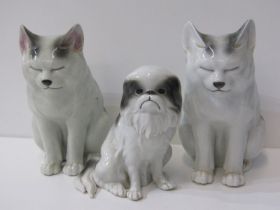 ORIENTAL CERAMICS, a Japanese model of seated dog, 15cm height; also pair of similar seated cats,