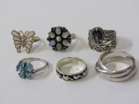 6 SILVER RINGS, 6 assorted silver rings, some stone set, others enamel set, also trilogy ring,