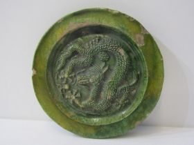 ORIENTAL CERAMICS, green glazed Chinese stoneware temple plaque, inscribed "Tile from Temple of