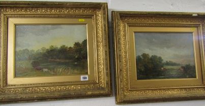 19th CENTURY ENGLISH SCHOOL, pair of oils on board "Riverscape with cattle watering", 23cm x 30cm