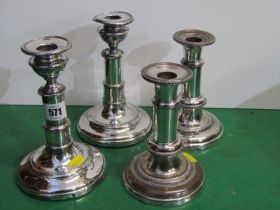 SHEFFIELD PLATE, 2 pairs of antique Sheffield plate candlesticks (some damage)