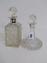 2 SILVER COLLARED DECANTERS, square form hobnail cut decanter with silver collar, London HM,