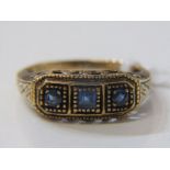 VINTAGE SAPPHIRE RING, 9ct yellow gold 3 stone sapphire ring, size O