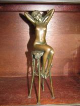 FRENCH BRONZE FIGURE OF SEDUCTIVE NUDE YOUNG LADY, on high stool, foundry seal "Bronze Garanti Paris