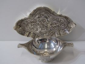 SILVER SCOTTISH DESIGN QUAICH, together with a Victorian shaped silver pin dish, decorated