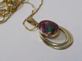 STONESET PENDANT ON CHAIN, 14ct yellow gold pendant on fine link 20" chain, pendant set an oval opal