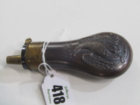 AMERICAN 19th CENTURY POWDER FLASK, colt patent copper and brass powder flask, each side decorated