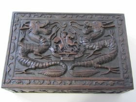 ORIENTAL CARVED CASKET, depicting PAIR OF fabulous dragons with Royal Northumberland Fusiliers