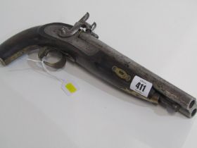 EARLY 19TH CENTURY DOUBLE BARREL PERCUSSION CAP PISTOL, with walnut stock, 38cm