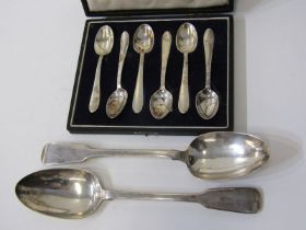 PAIR OF GEORGIAN SILVER SERVING SPOONS & BOXED TEA SPOONS, pair of Georgian silver fiddle pattern