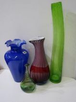 RETRO GLASS, tall green glass bottle flask, 59cm; also Murano blue glass crinoline neck 36cm vase