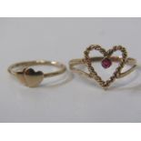 9ct GOLD RINGS, 2 x 9ct gold rings, 1 yellow gold heart shaped ring set a ruby, other small child'