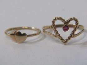 9ct GOLD RINGS, 2 x 9ct gold rings, 1 yellow gold heart shaped ring set a ruby, other small child'